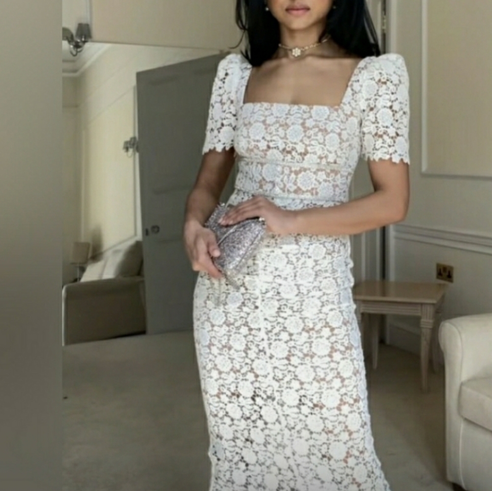 Self-Portrait Ivory Guipure Lace Fitted Midi Dress
